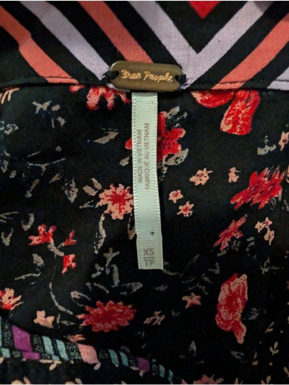 Free People Womens XS Mixed Print Button Front Blouse Boho Floral Striped Viscos - Picture 10 of 16